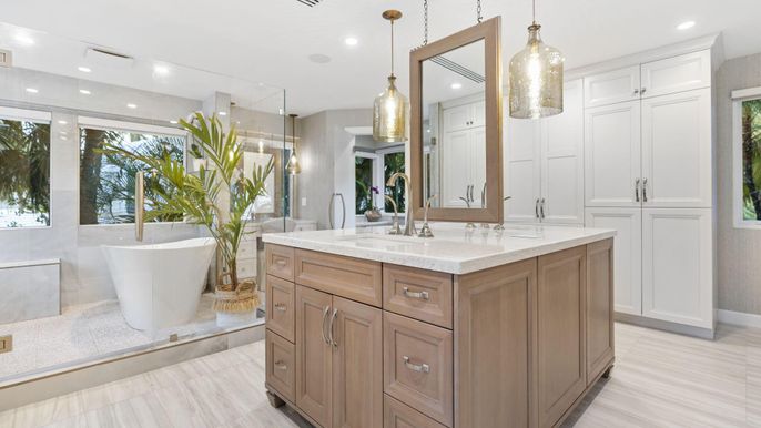 Bathroom, Dual Sink Vanities, Free Standing Baths, Interior, Pendant Lights, Recessed Lighting