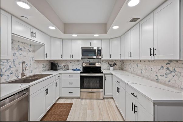 Interior, Kitchen, Recessed Lighting, Stainless Steel Appliances, Wood Texture Flooring