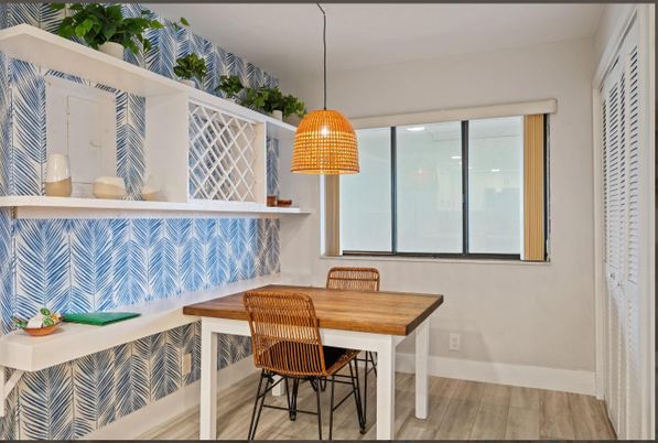 Dining room, Interior, Pendant Lights, Wood Texture Flooring