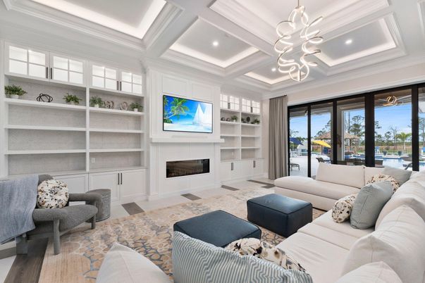 Fireplace, Interior, Living room, Pendant Lights, Recessed Lighting, Wood Texture Flooring