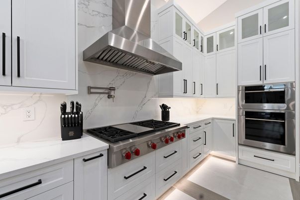 Interior, Kitchen, Marble Walls, Stainless Steel Appliances, Wood Texture Flooring
