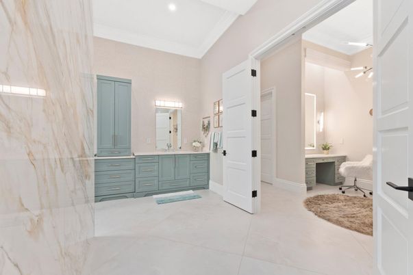 Bathroom, Dual Sink Vanities, Interior, Marble Walls, Recessed Lighting