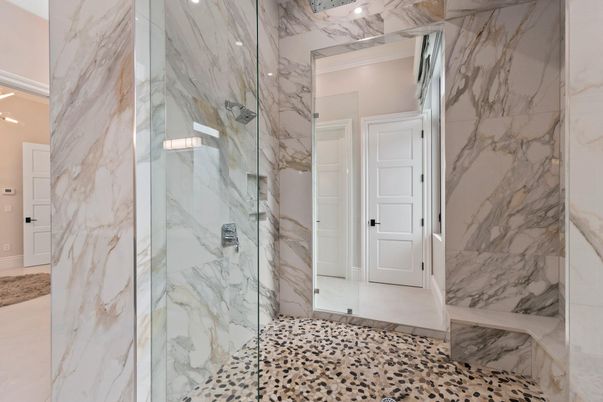 Bathroom, Glass Shower, Interior, Marble Walls, Recessed Lighting