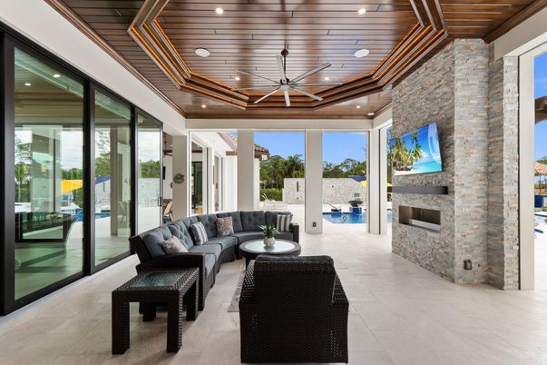 Fireplace, Interior, Living room, Recessed Lighting, Stone Walls, Wooden Ceilings