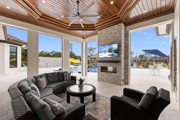 Fireplace, Interior, Living room, Recessed Lighting, Stone Walls, Wooden Ceilings