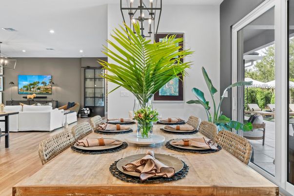 Dining room, Interior, Living room, Pendant Lights, Recessed Lighting, Wood Texture Flooring