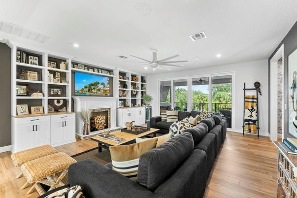 Fireplace, Interior, Living room, Recessed Lighting, Wood Texture Flooring