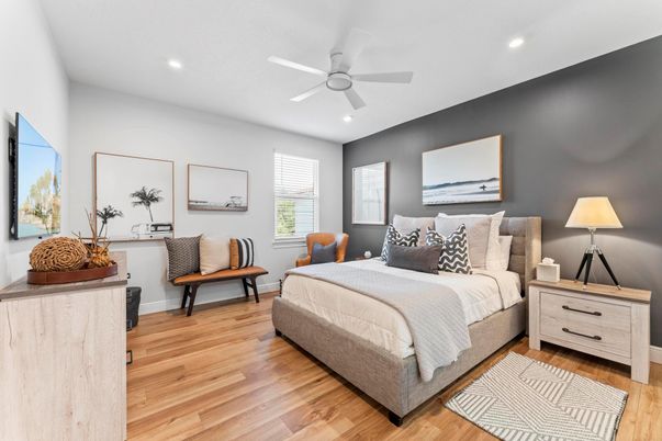 Bedroom, Interior, Recessed Lighting, Wood Texture Flooring