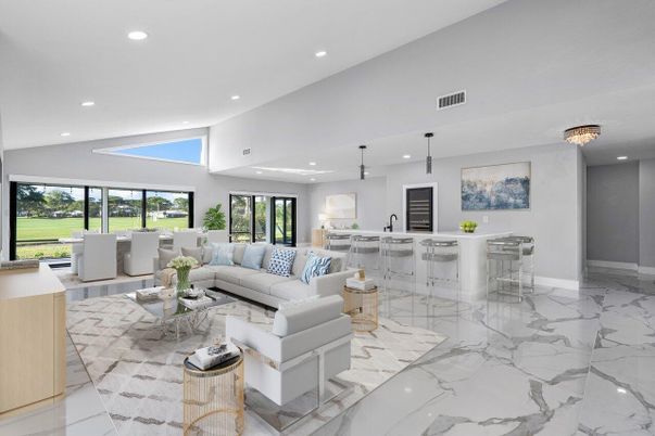 Dining room, Interior, Kitchen, Living room, Marble, Pendant Lights, Recessed Lighting