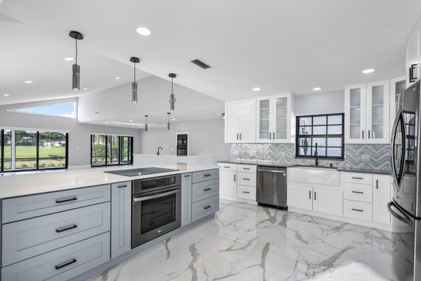 Interior, Kitchen, Marble, Pendant Lights, Recessed Lighting, Stainless Steel Appliances