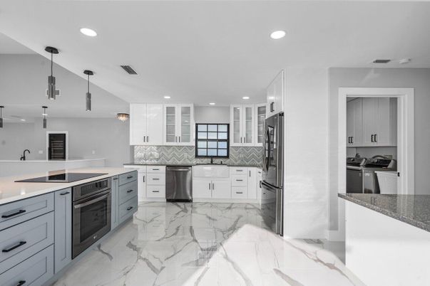 Interior, Kitchen, Marble, Pendant Lights, Recessed Lighting, Stainless Steel Appliances