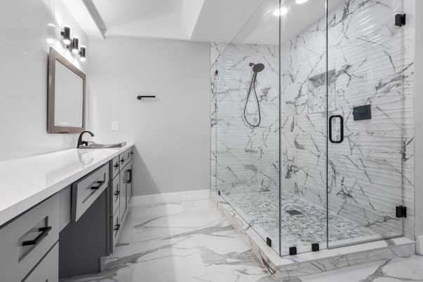 Bathroom, Glass Shower, Interior, Marble, Marble Walls, Recessed Lighting