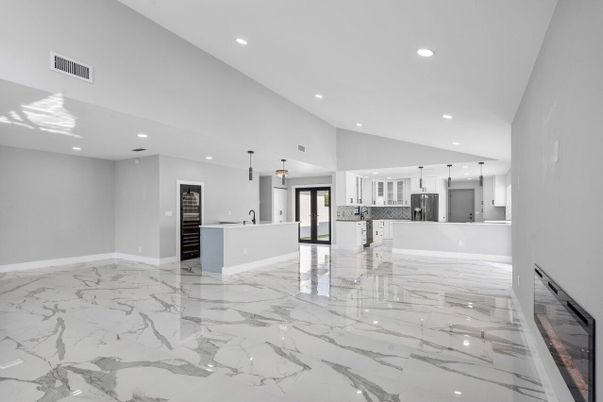 Interior, Kitchen, Marble, Pendant Lights, Recessed Lighting, Stainless Steel Appliances