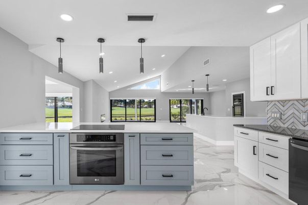Interior, Kitchen, Marble, Pendant Lights, Recessed Lighting, Stainless Steel Appliances
