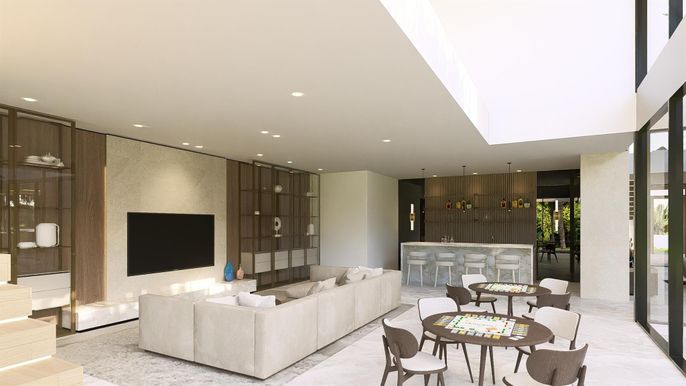 Dining room, Fireplace, Interior, Living room, Pendant Lights, Recessed Lighting