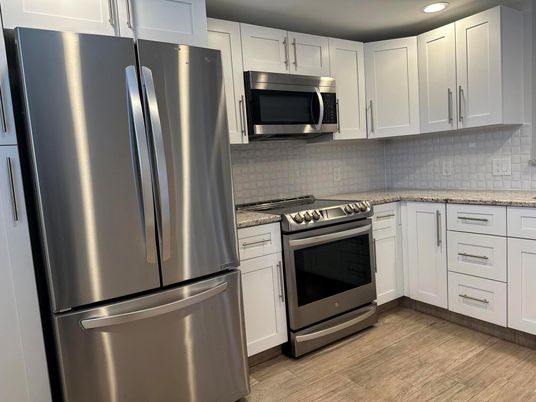 Interior, Kitchen, Recessed Lighting, Stainless Steel Appliances, Wood Texture Flooring