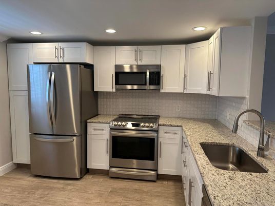 Interior, Kitchen, Recessed Lighting, Stainless Steel Appliances, Wood Texture Flooring