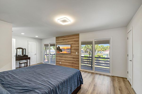 Bedroom, Interior, Recessed Lighting, Wood Texture Flooring, Wooden Walls