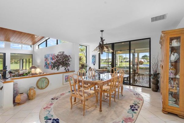 Dining room, Interior, Pendant Lights, Recessed Lighting, Water, Wooden Ceilings