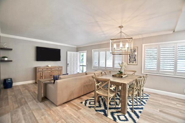 Dining room, Interior, Living room, Pendant Lights, Wood Texture Flooring