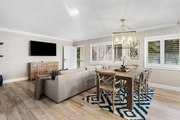 Dining room, Interior, Living room, Pendant Lights, Wood Texture Flooring