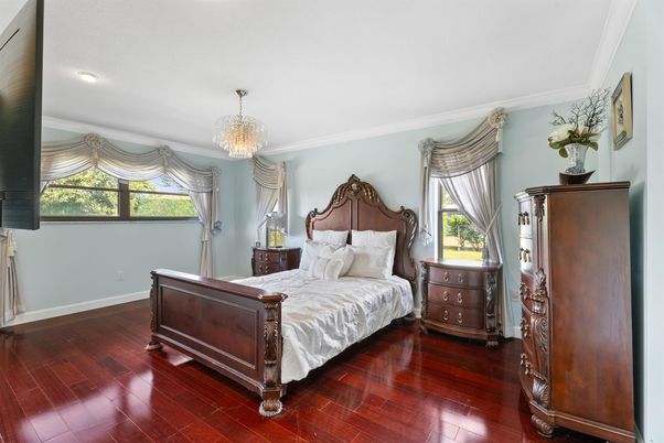 Bedroom, Chandelier, Interior, Recessed Lighting, Wood Texture Flooring