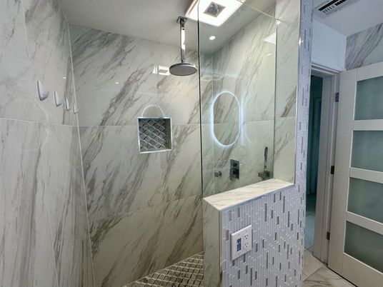 Bathroom, Glass Shower, Interior, Marble Walls, Recessed Lighting