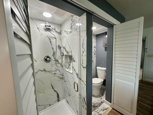 Bathroom, Interior, Marble, Marble Walls, Recessed Lighting, Wood Texture Flooring