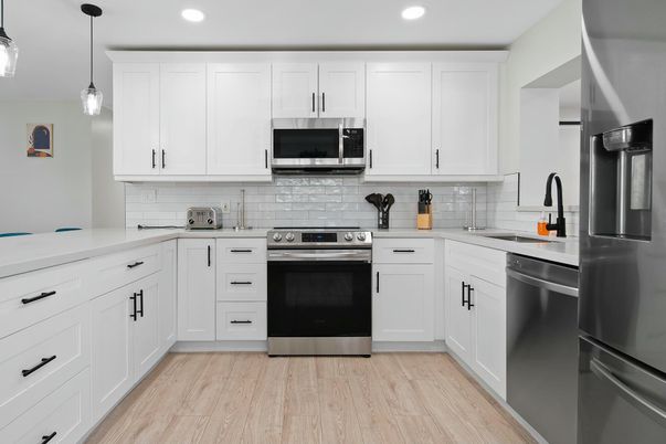 Interior, Kitchen, Pendant Lights, Recessed Lighting, Stainless Steel Appliances, Wood Texture Flooring