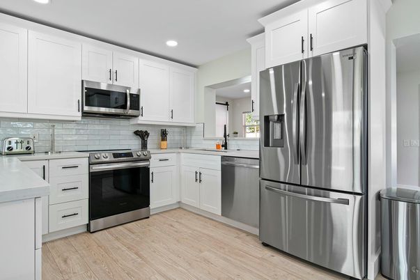 Interior, Kitchen, Recessed Lighting, Stainless Steel Appliances, Wood Texture Flooring
