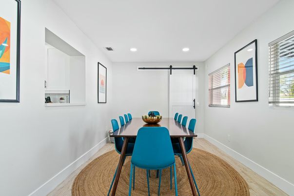 Dining room, Interior, Recessed Lighting, Wood Texture Flooring