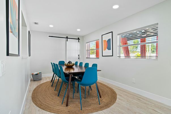 Dining room, Interior, Recessed Lighting, Wood Texture Flooring
