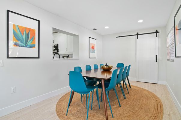 Dining room, Interior, Recessed Lighting, Wood Texture Flooring