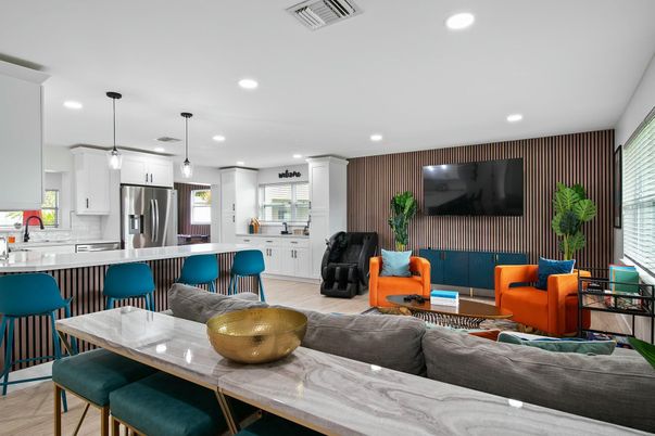 Interior, Kitchen, Living room, Pendant Lights, Recessed Lighting, Stainless Steel Appliances, Wood Texture Flooring