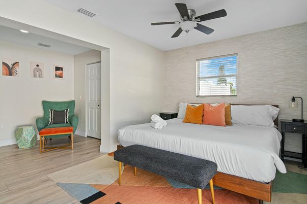 Bedroom, Interior, Recessed Lighting, Wood Texture Flooring