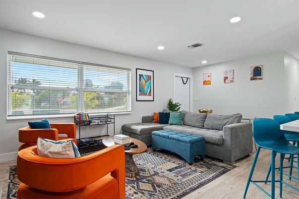 Interior, Living room, Recessed Lighting, Wood Texture Flooring