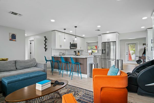 Interior, Kitchen, Living room, Pendant Lights, Recessed Lighting, Stainless Steel Appliances, Wood Texture Flooring