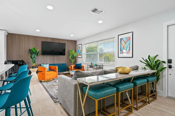 Dining room, Interior, Living room, Recessed Lighting, Wood Texture Flooring