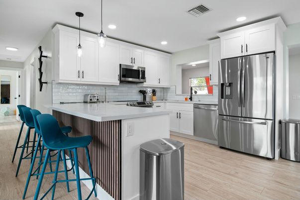 Interior, Kitchen, Pendant Lights, Recessed Lighting, Stainless Steel Appliances, Wood Texture Flooring