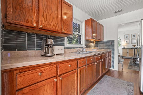 Interior, Kitchen, Tile Countertops, Wood Texture Flooring