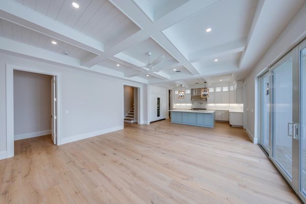 Empty room, Interior, Kitchen, Recessed Lighting, Wood Texture Flooring