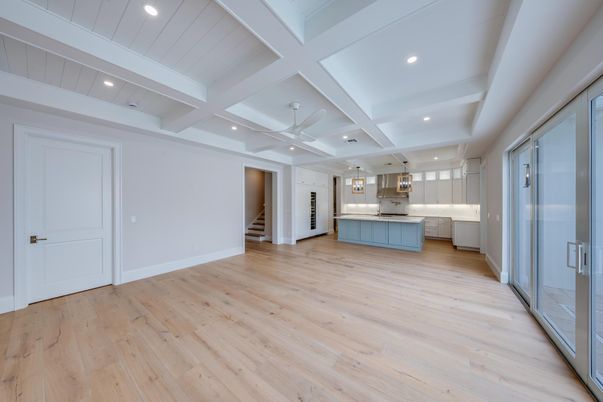 Empty room, Interior, Kitchen, Recessed Lighting, Wood Texture Flooring