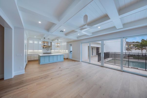 Empty room, Interior, Kitchen, Pendant Lights, Recessed Lighting, Wood Texture Flooring