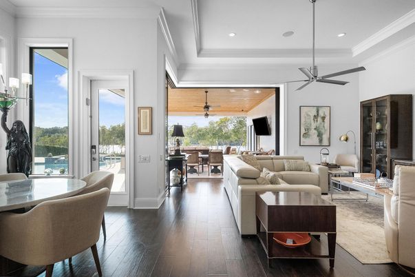Dining room, Interior, Living room, Pendant Lights, Recessed Lighting, Wooden Ceilings, Wood Texture Flooring