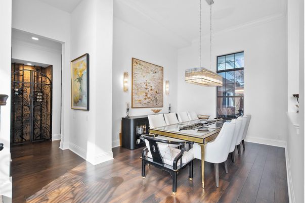 Dining room, Interior, Pendant Lights, Recessed Lighting, Wine Storage, Wood Texture Flooring