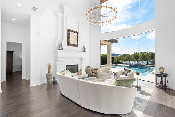 Fireplace, Interior, Living room, Pendant Lights, Recessed Lighting, Wood Texture Flooring