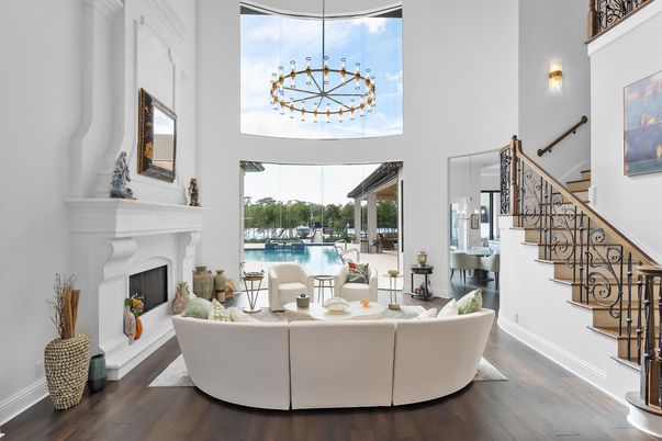 Fireplace, Interior, Living room, Pendant Lights, Water, Wood Texture Flooring