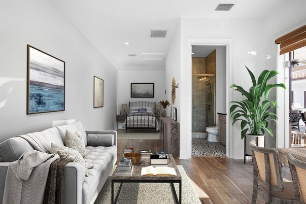 Bathroom, Bedroom, Glass Shower, Interior, Living room, Recessed Lighting, Wood Texture Flooring