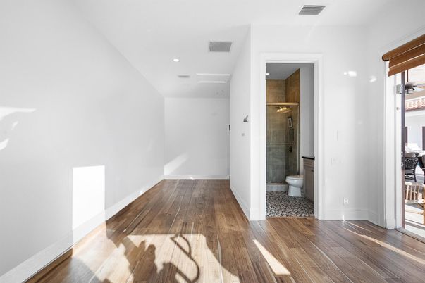 Bathroom, Glass Shower, Interior, Recessed Lighting, Wood Texture Flooring