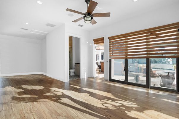 Bathroom, Empty room, Interior, Recessed Lighting, Wood Texture Flooring